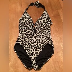 Kate Spade Leopard Print Scalloped Tie Halter Cut Out One Piece - Medium